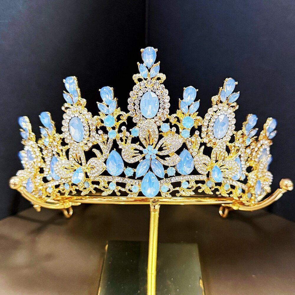 Princess Flower Crown, Floral Tiara, Birthday Party Crown, Blue Gemstone Tiara